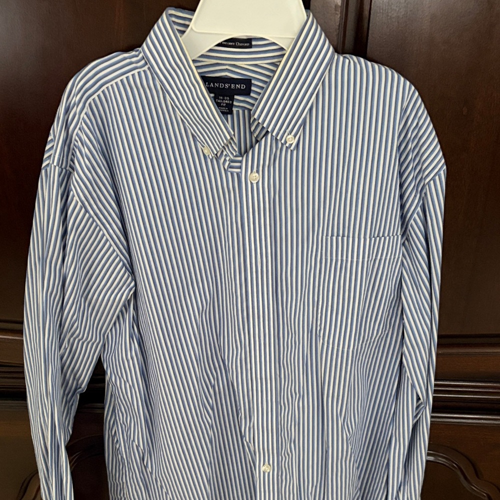 Lands' End Blue & White Vertical Stripe Button-Down Shirt